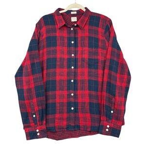 J Crew Red Navy Plaid Button Down Shirt Boy Fit‎ Flannel Cotton XL